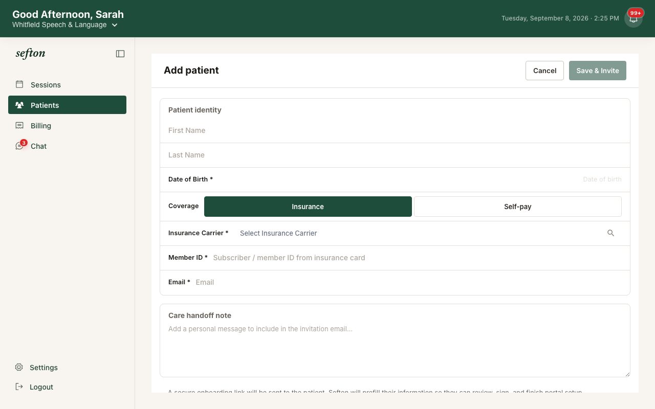 The Invite Patient form with patient details, insurance carrier, and a personal message.