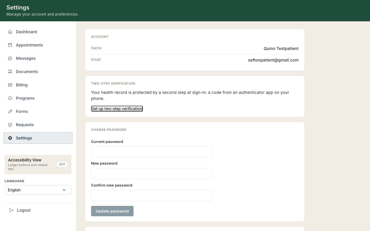 The portal Settings page with the language picker and notification preferences.
