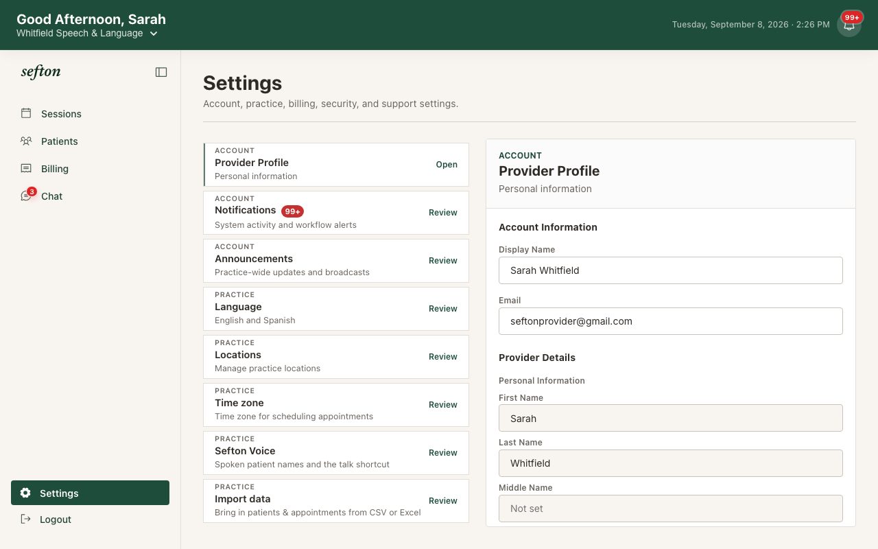 The provider profile settings with NPI, taxonomy, and signature.