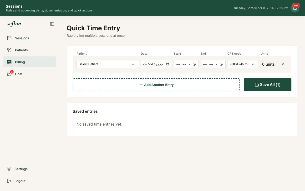 The Quick Time Entry modal with several rows of patient, date, CPT code, and minutes.