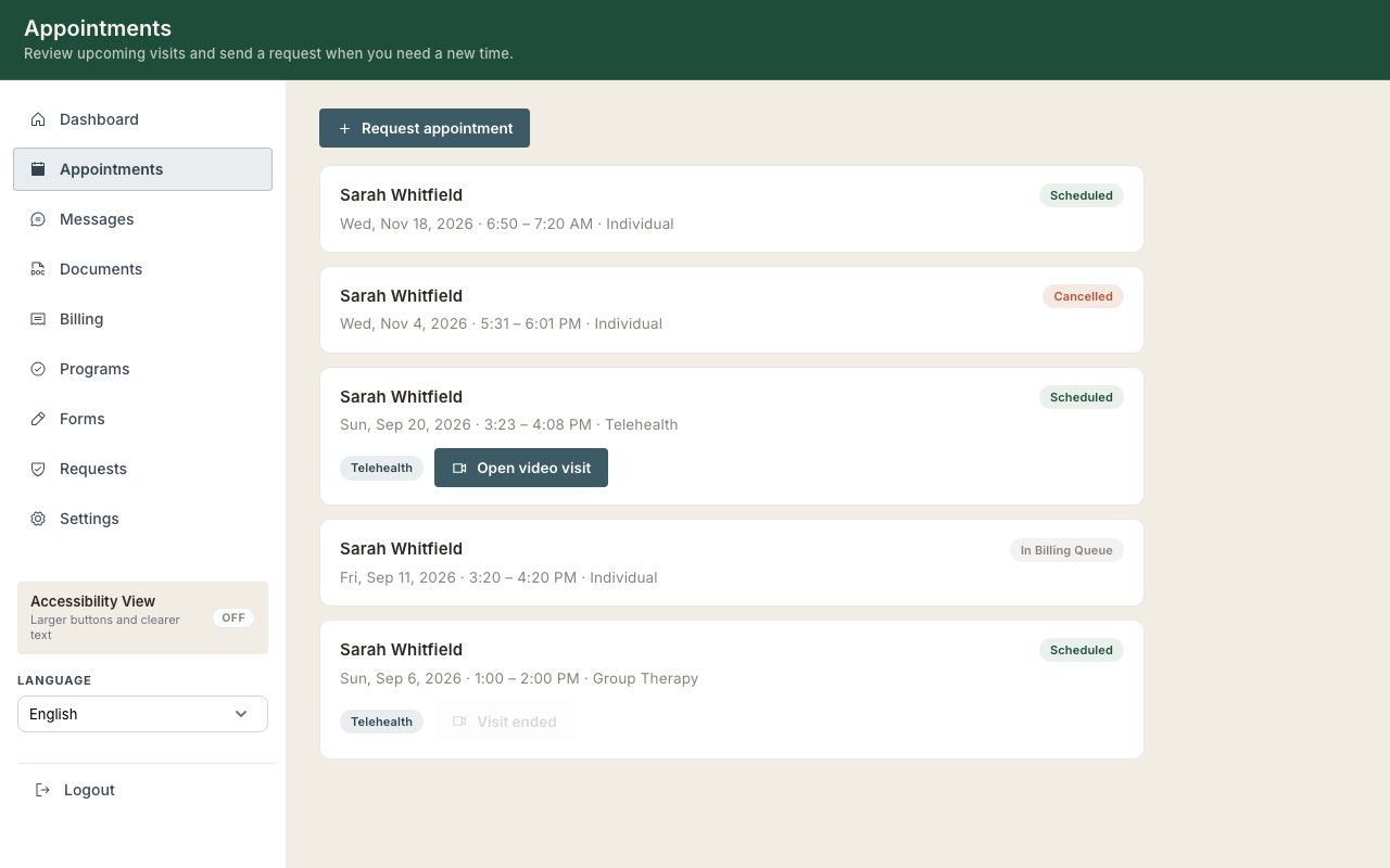 The Request appointment form in the portal with date, time, type, and reason fields.