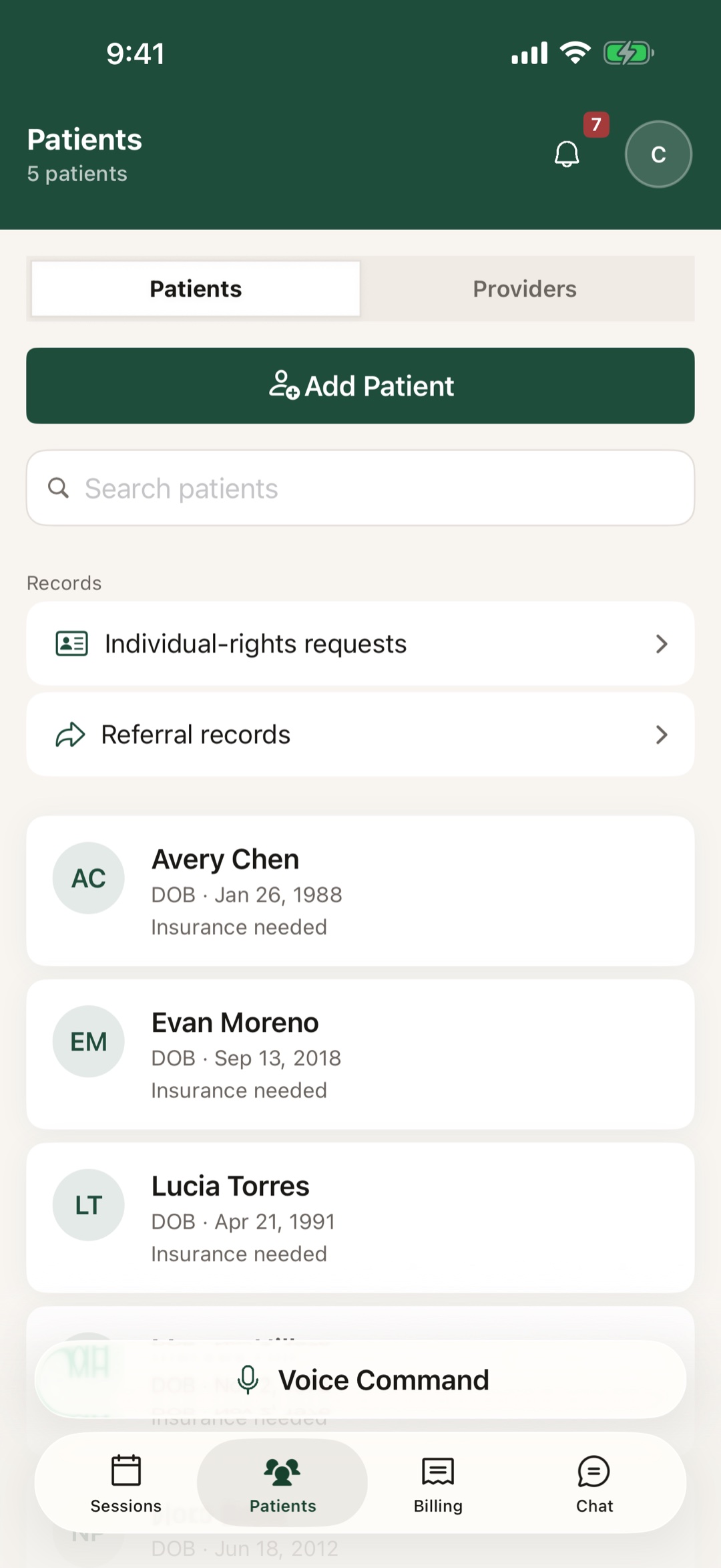 The Patients screen of the Sefton app: search, records, and patient cards with insurance.