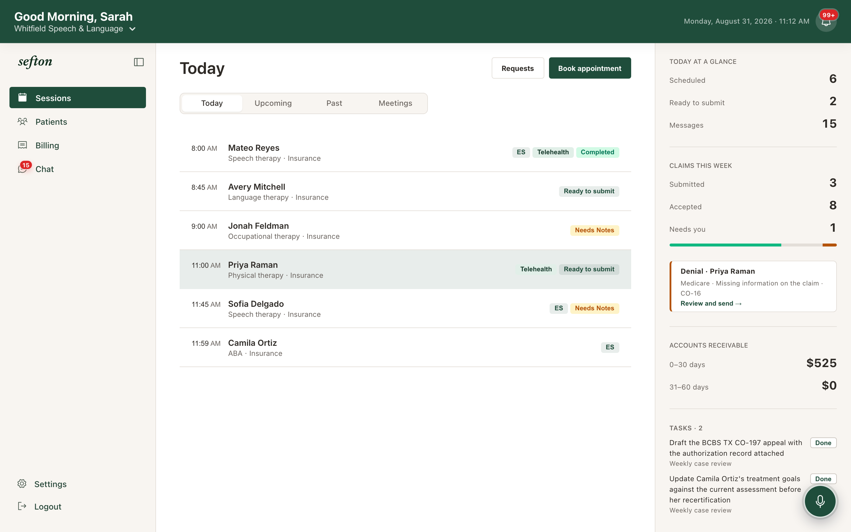 The Sefton dashboard: today's sessions, the agenda tabs, and the action queue.