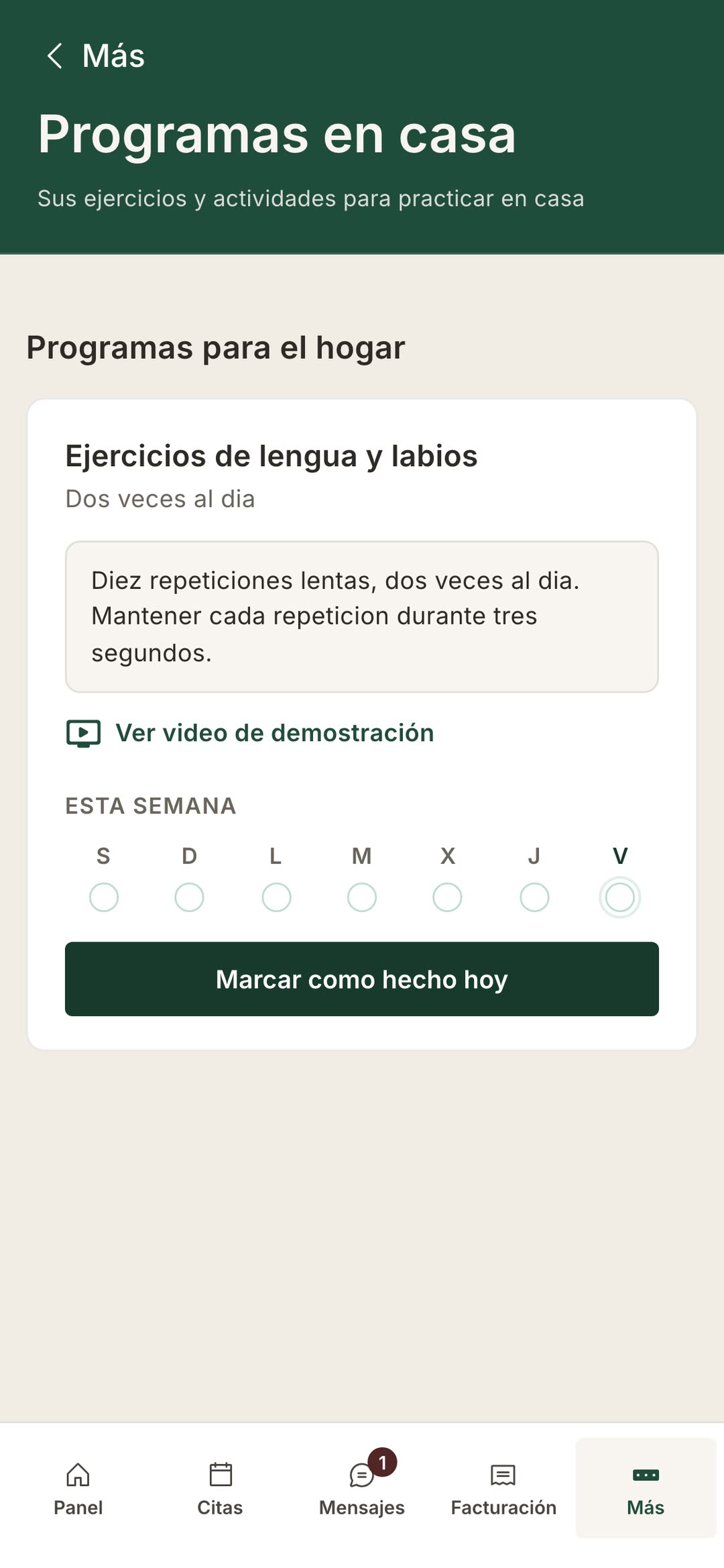 The patient portal home-programs screen shown in Spanish, with two assigned exercises and a weekly check-off.